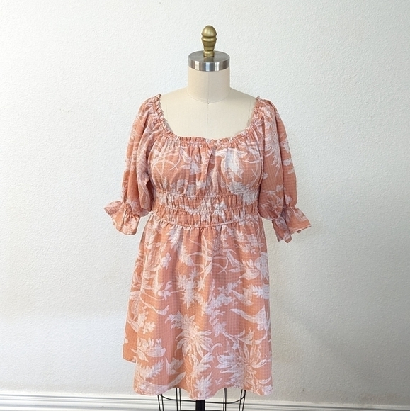 H&M Floral Square Neck Empire Puff Sleeve Dress Orange L cottagecore peasant - Picture 1 of 5